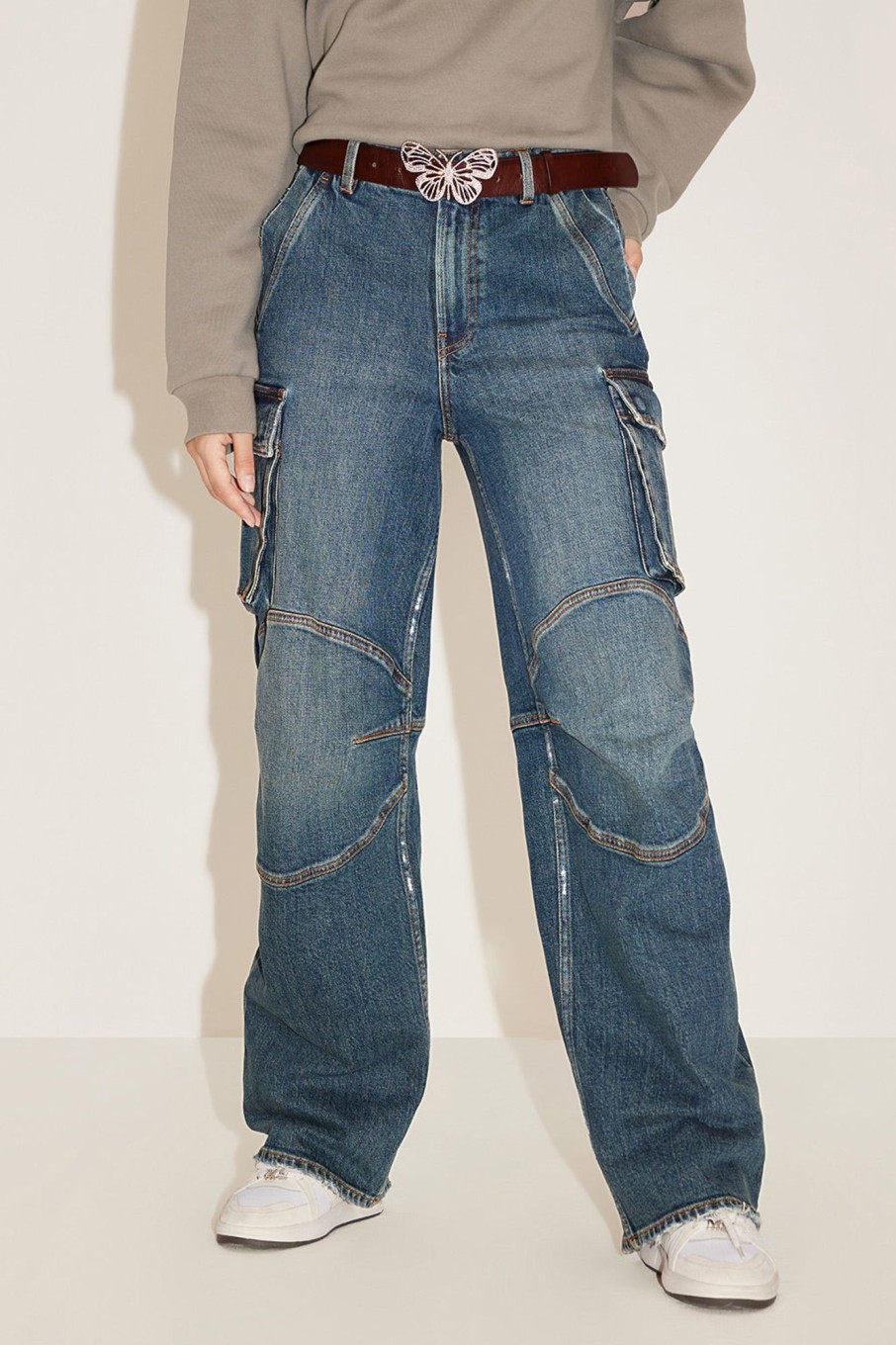 MISS SIXTY Straight | Vintage Butterfly Belt High Waist Cargo Style Straight Jeans Middle Blue