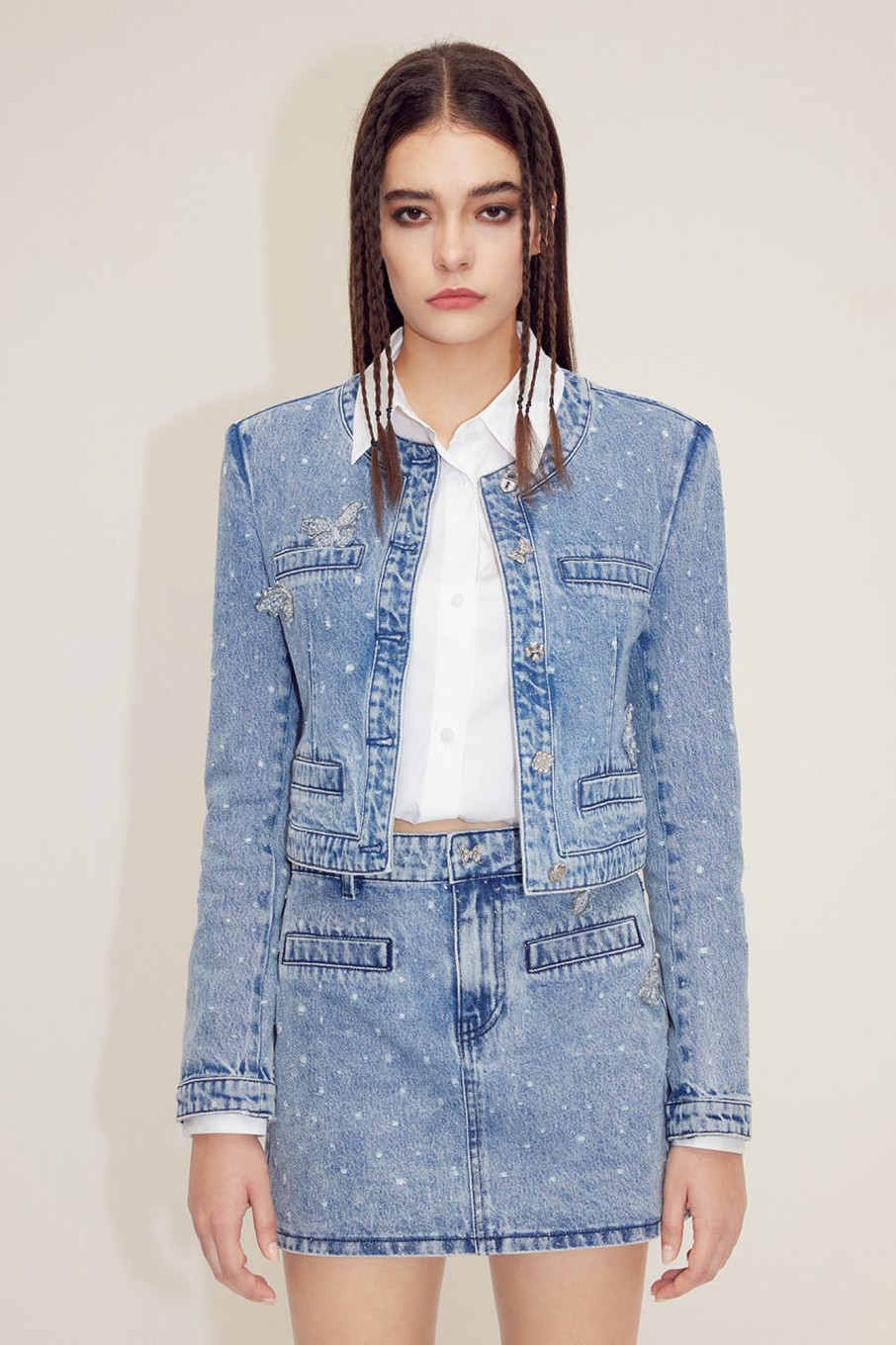 MISS SIXTY Jackets & Outerwears | Delicate Beaded Butterfly Short Denim Jacket Middle Blue