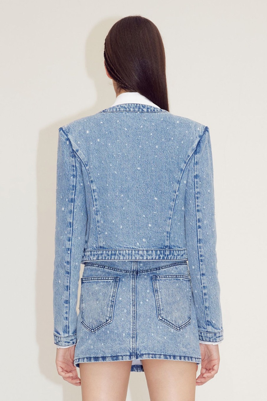 MISS SIXTY Jackets & Outerwears | Delicate Beaded Butterfly Short Denim Jacket Middle Blue