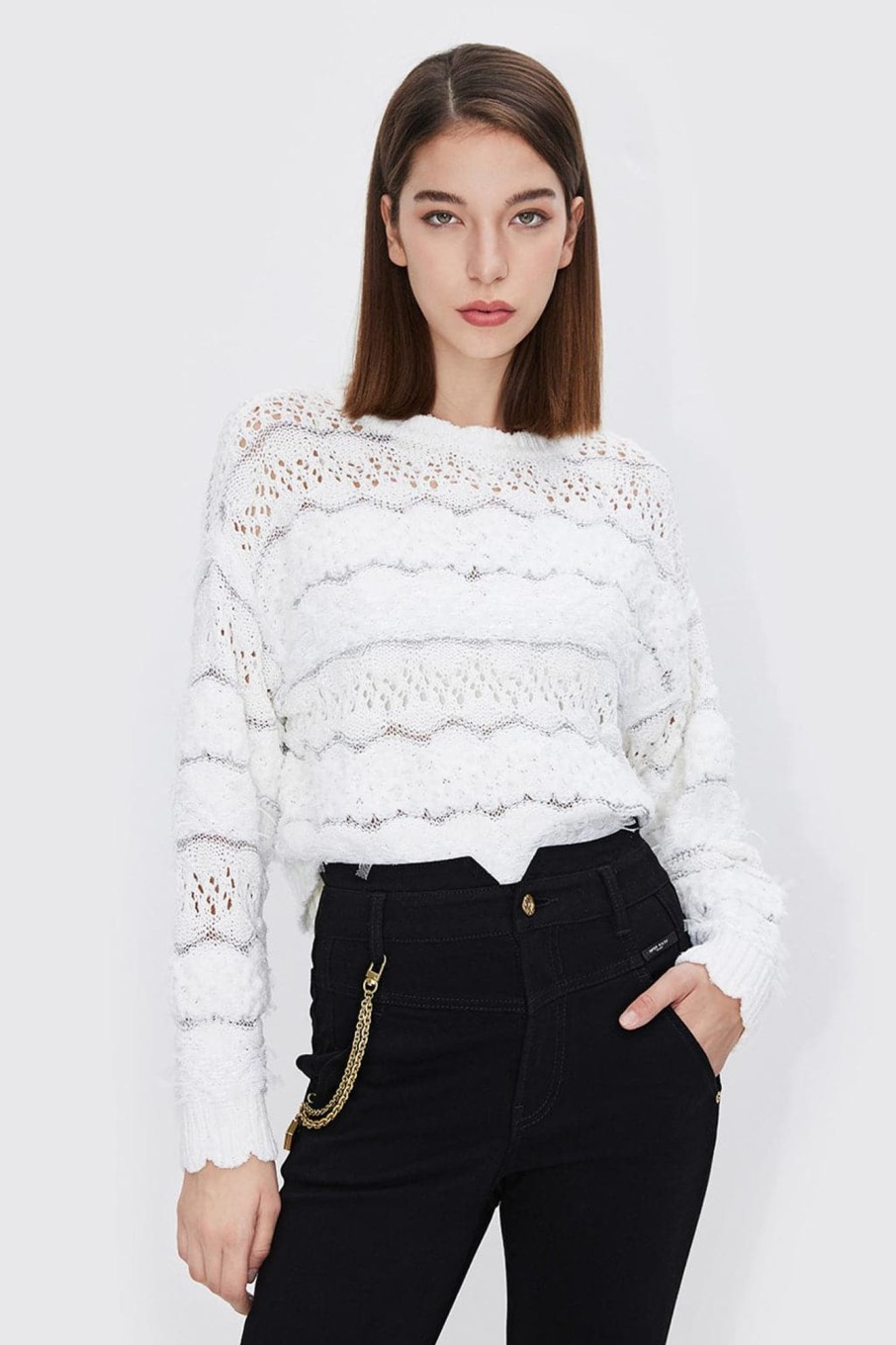 MISS SIXTY Sweaters | Bright Silk Hollow Wool Knitted Shirt White