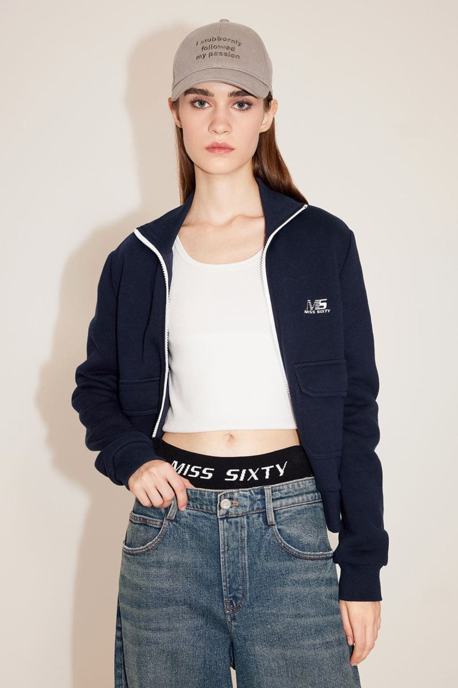 MISS SIXTY Jackets & Outerwears | Color-Block Zip Sporty Yet Simple Hooded Jacket Deep Blue