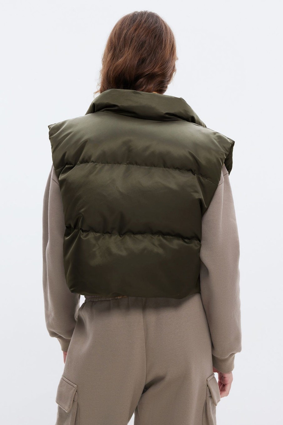 MISS SIXTY Jackets & Outerwears | Contrasting Green Stand Collar Cropped Down Vest Army Green