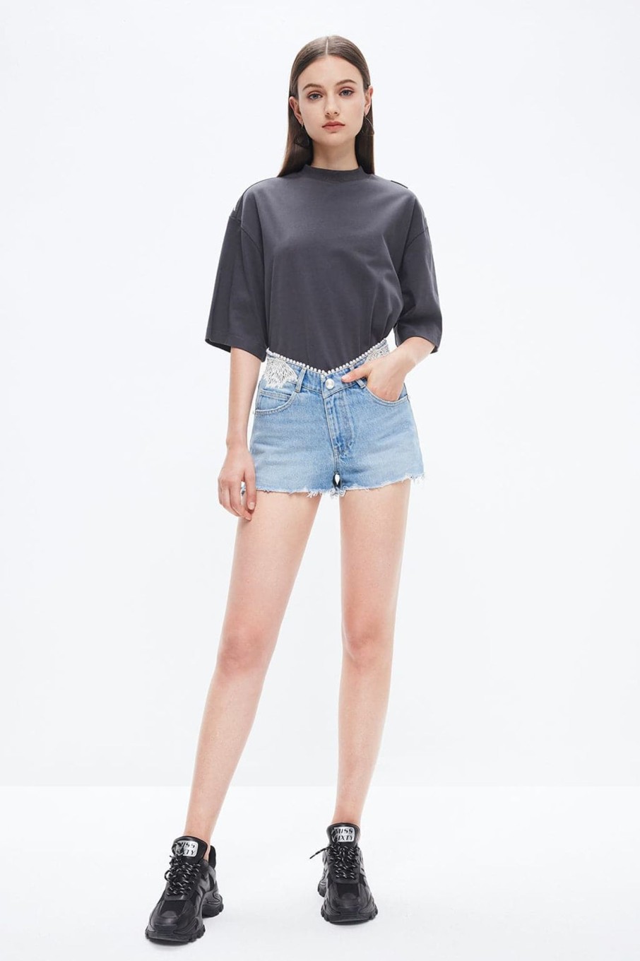 MISS SIXTY Fall-Winter | Angel Collectionembroidered Ripped Low Waist Denim Shorts Light Blue