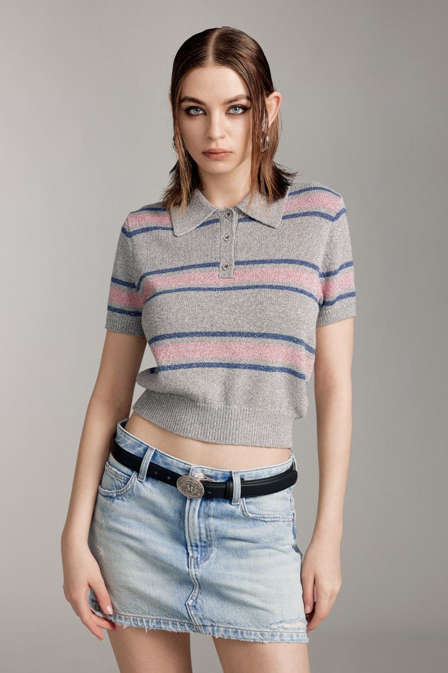 MISS SIXTY Sweaters | Polo Collar Colour Contrast Knit Wear Grey