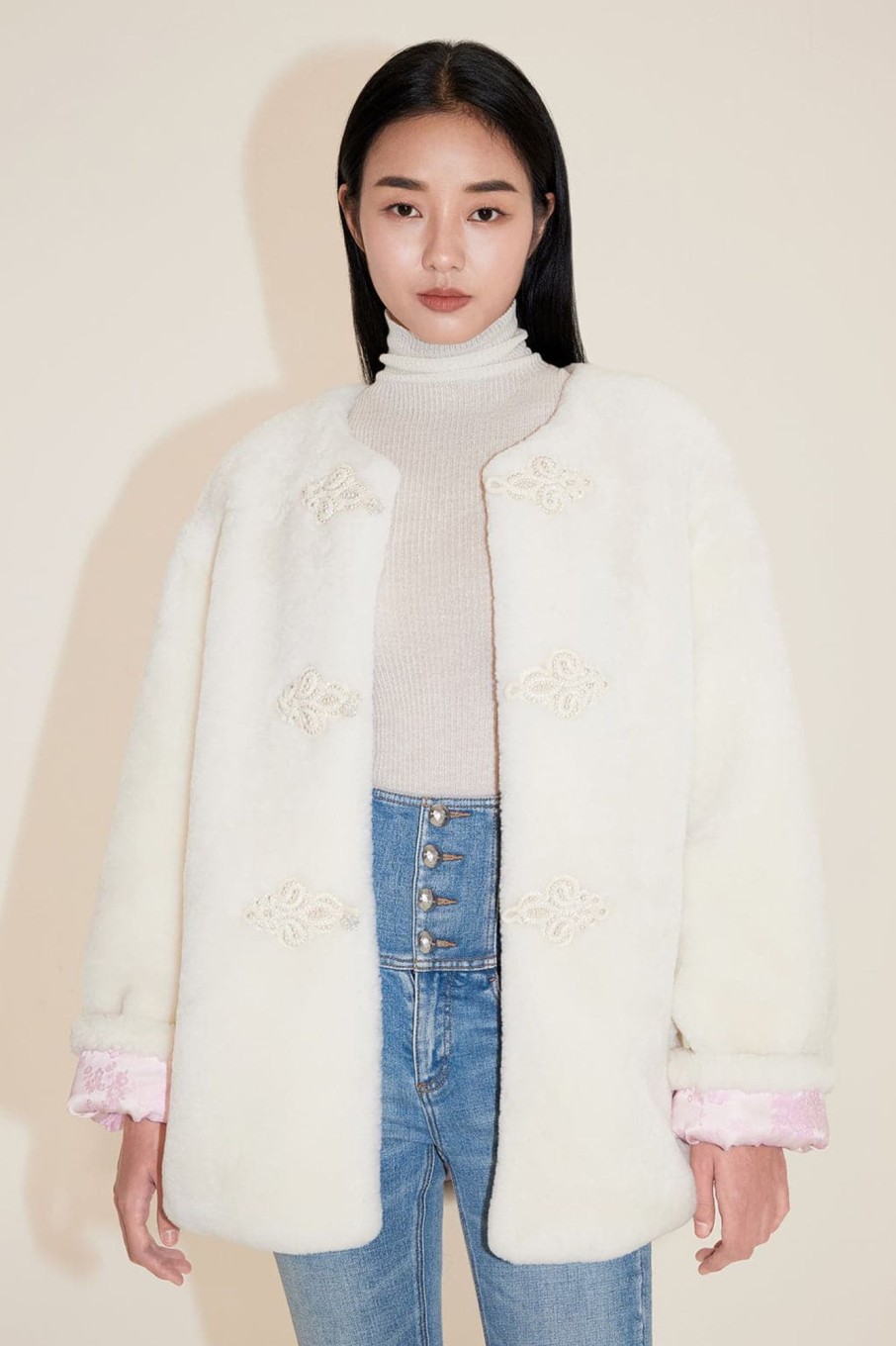 MISS SIXTY Jackets & Outerwears | Round Neckbuckle Lamb Fur Jacket Off White