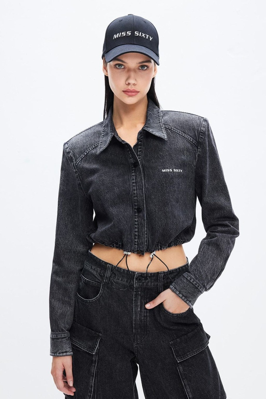 MISS SIXTY Tops | Vintage Black And Gray Cropped Denim Shirt Black Fog