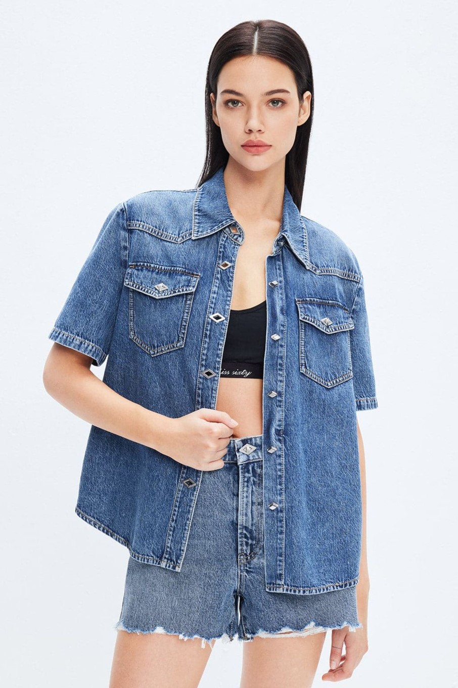 MISS SIXTY Tops | Vintage Blue Short Sleeves Denim Shirt Middle Blue