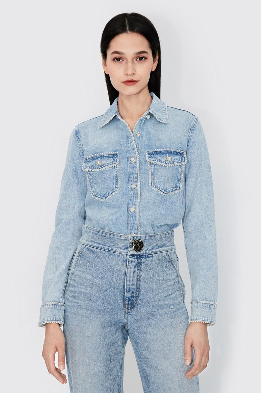 MISS SIXTY Tops | Polo Neck Denim Shirt Light Blue