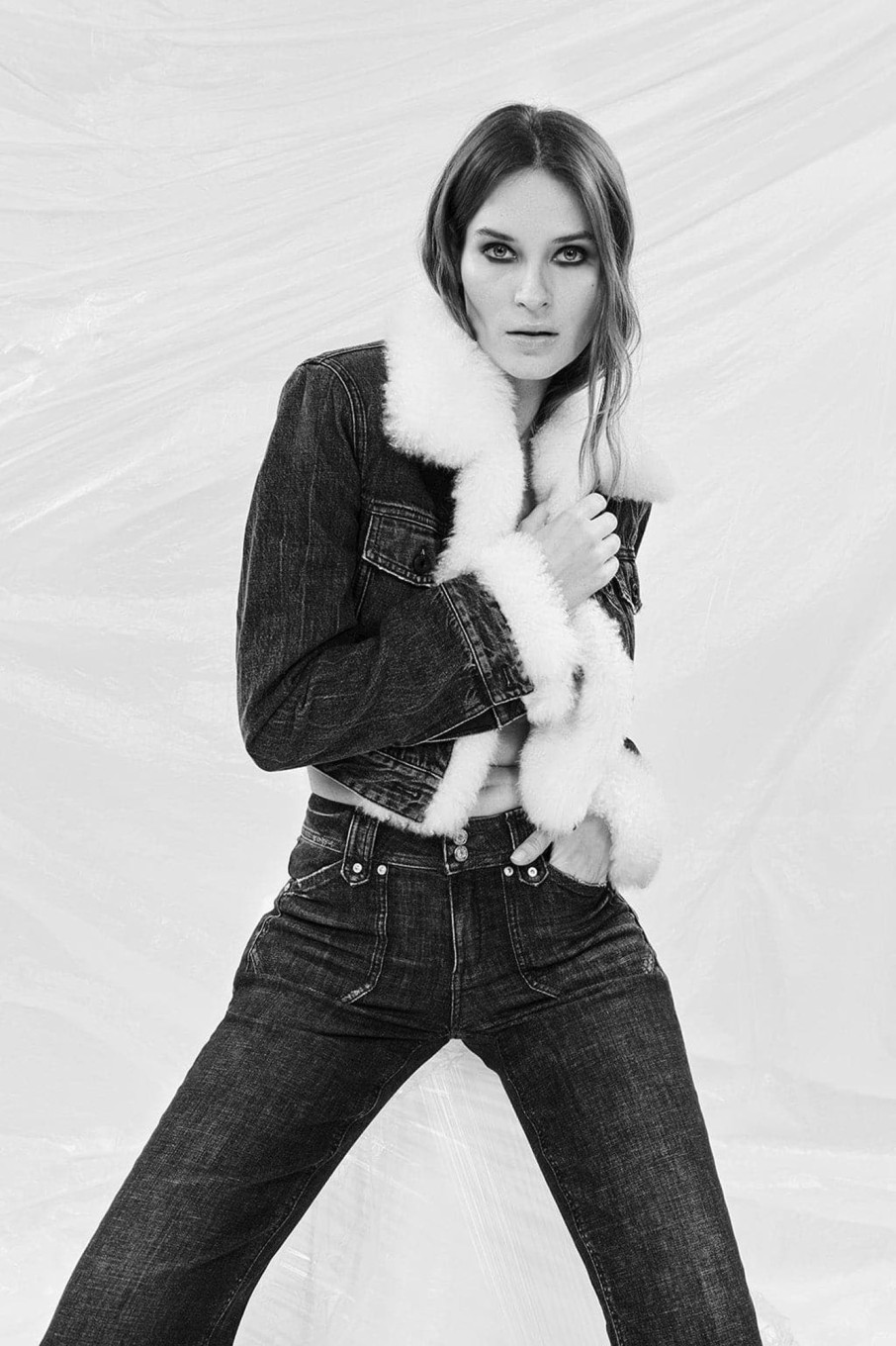 MISS SIXTY Jackets & Outerwears | Denim Fur Jacket With Shoulder Pads Black Fog