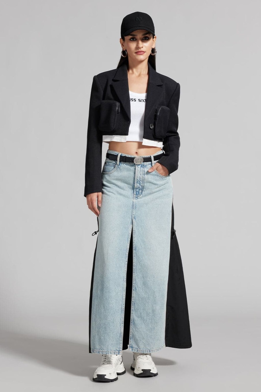 MISS SIXTY Skirts | Front Slit Patchwork Denim Long Skirt Middle Blue