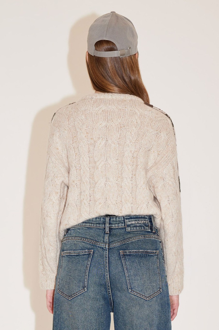 MISS SIXTY Sweaters | Round Neck Hand-Stitched Pearl-String Short Knit Sweater