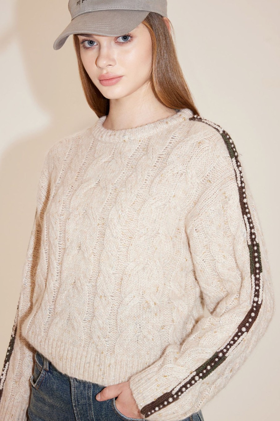 MISS SIXTY Sweaters | Round Neck Hand-Stitched Pearl-String Short Knit Sweater