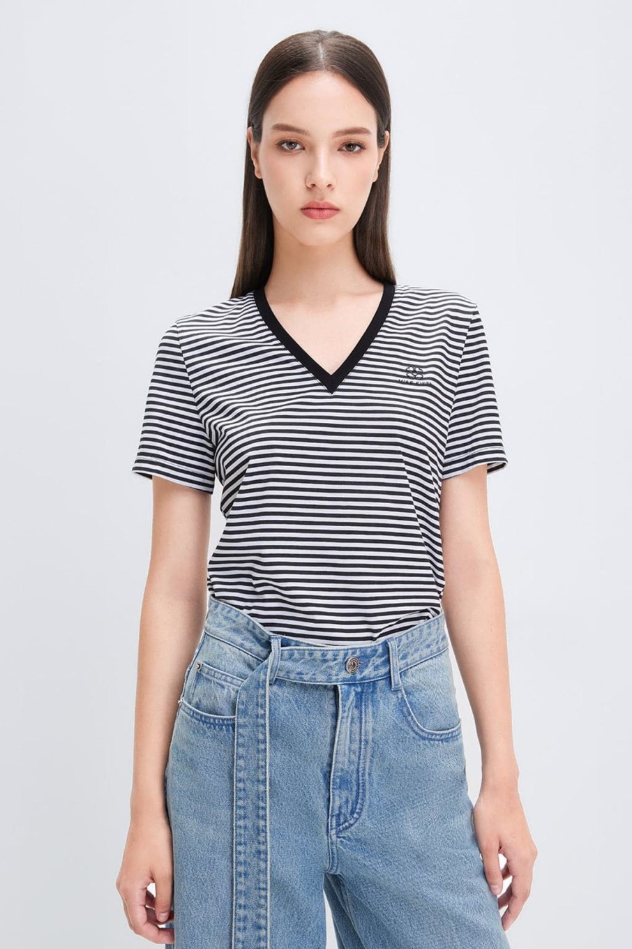 MISS SIXTY Tops | V-Neck Black And White Striped T-Shirt White/Black