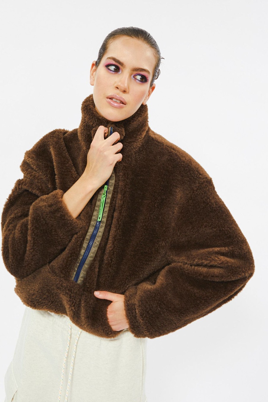 MISS SIXTY Jackets & Outerwears | Vintage Brown Half-Zip Faux Fur Jacket Fuscous Brown