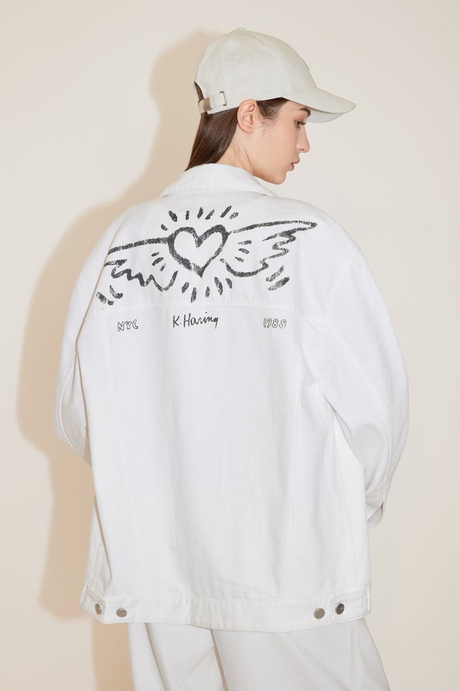 MISS SIXTY Spring-Summer | Miss Sixty X Keith Haring Capsule Collection White Denim Jacket With Printed Bright White