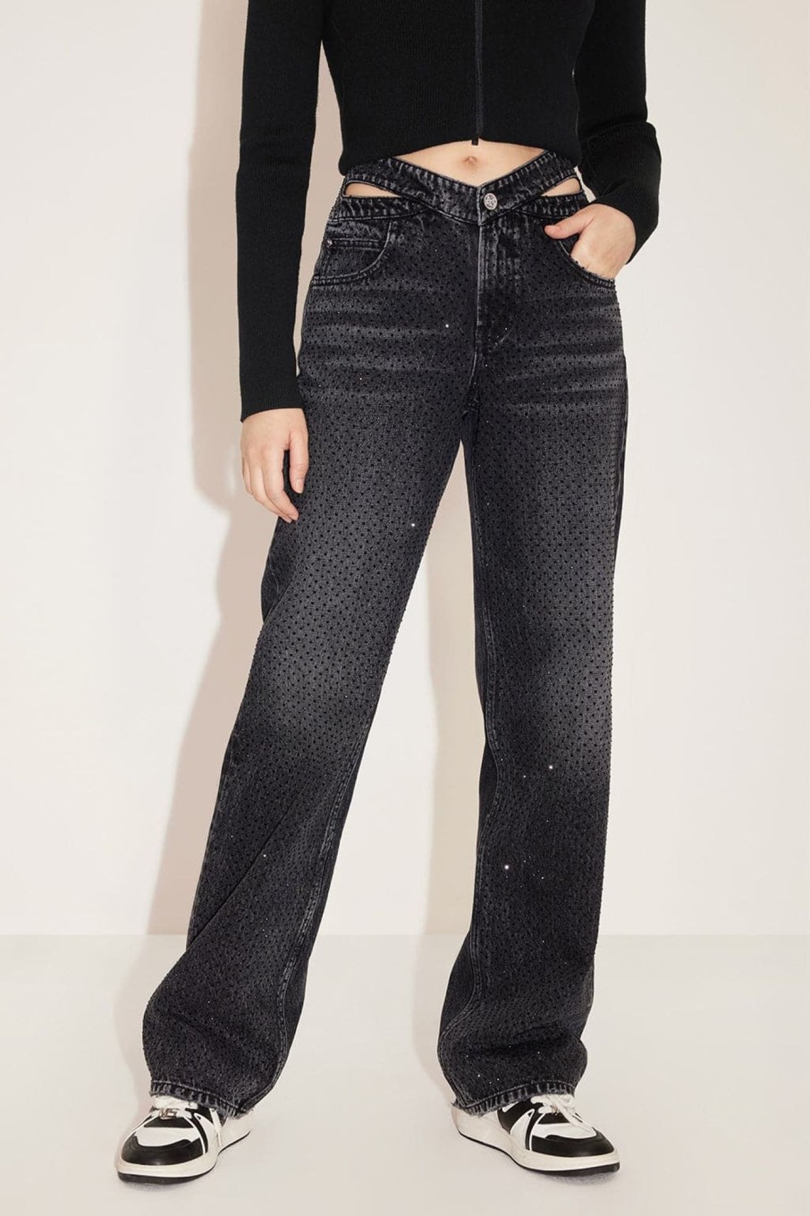 MISS SIXTY Straight | Black And Gray Hollow Butterfly Waist Crystals Straight Jeans Black Fog