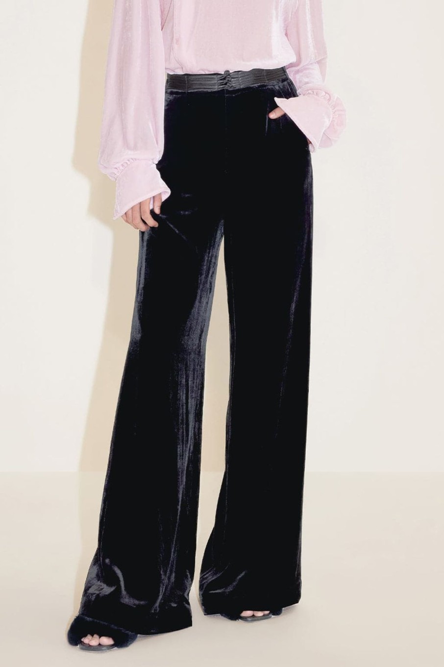 MISS SIXTY Pants & Jumpsuits | High Waist Velvet Wide Leg Pants With Buckle Black