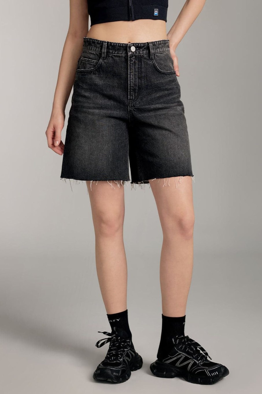 MISS SIXTY Shorts | Black High-Waist Ripped Denim Shorts Black Fog