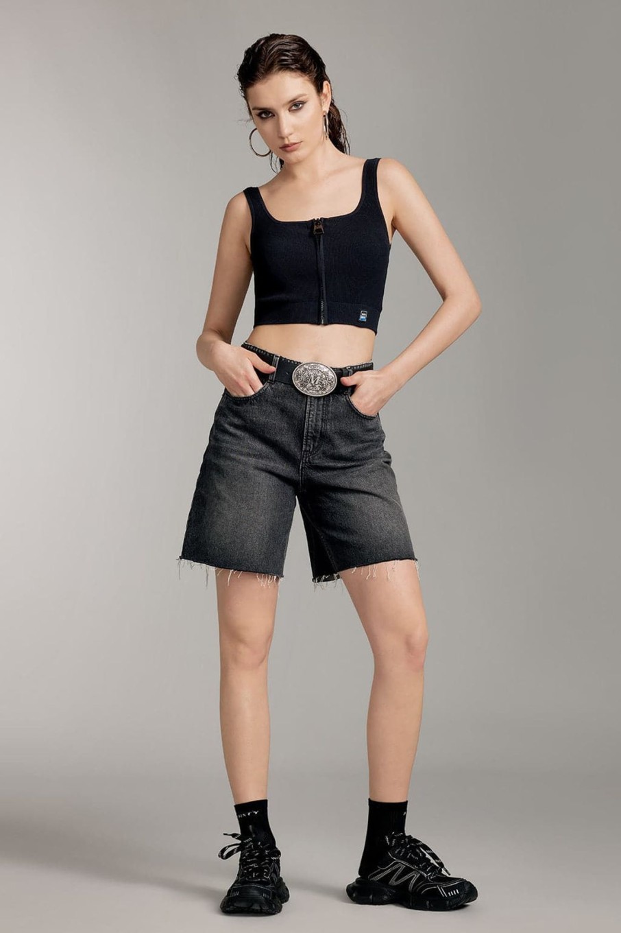 MISS SIXTY Shorts | Black High-Waist Ripped Denim Shorts Black Fog