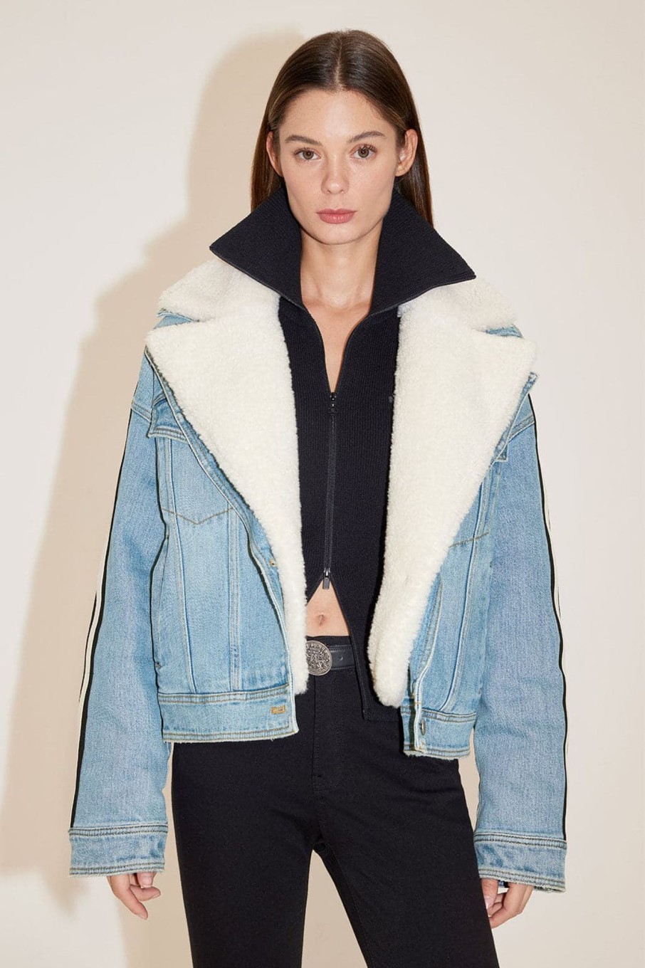 MISS SIXTY Jackets & Outerwears | Faux Lambswool Paneled Denim Jacket Middle Blue