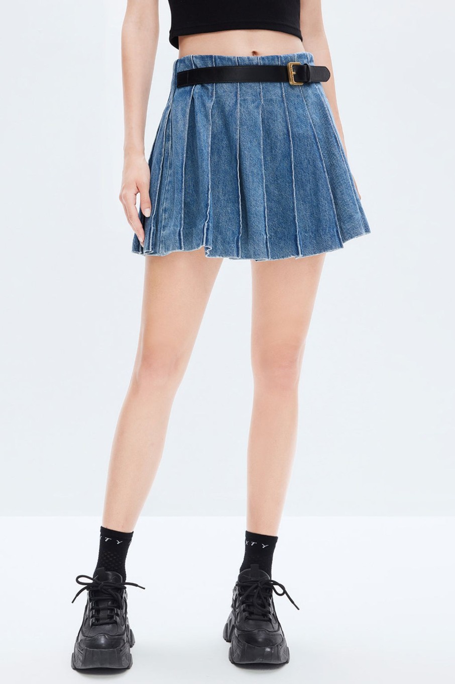 MISS SIXTY Skirts | Blue Colorblock Belt Linen-Cotton Denim Pleated Skirt Middle Blue