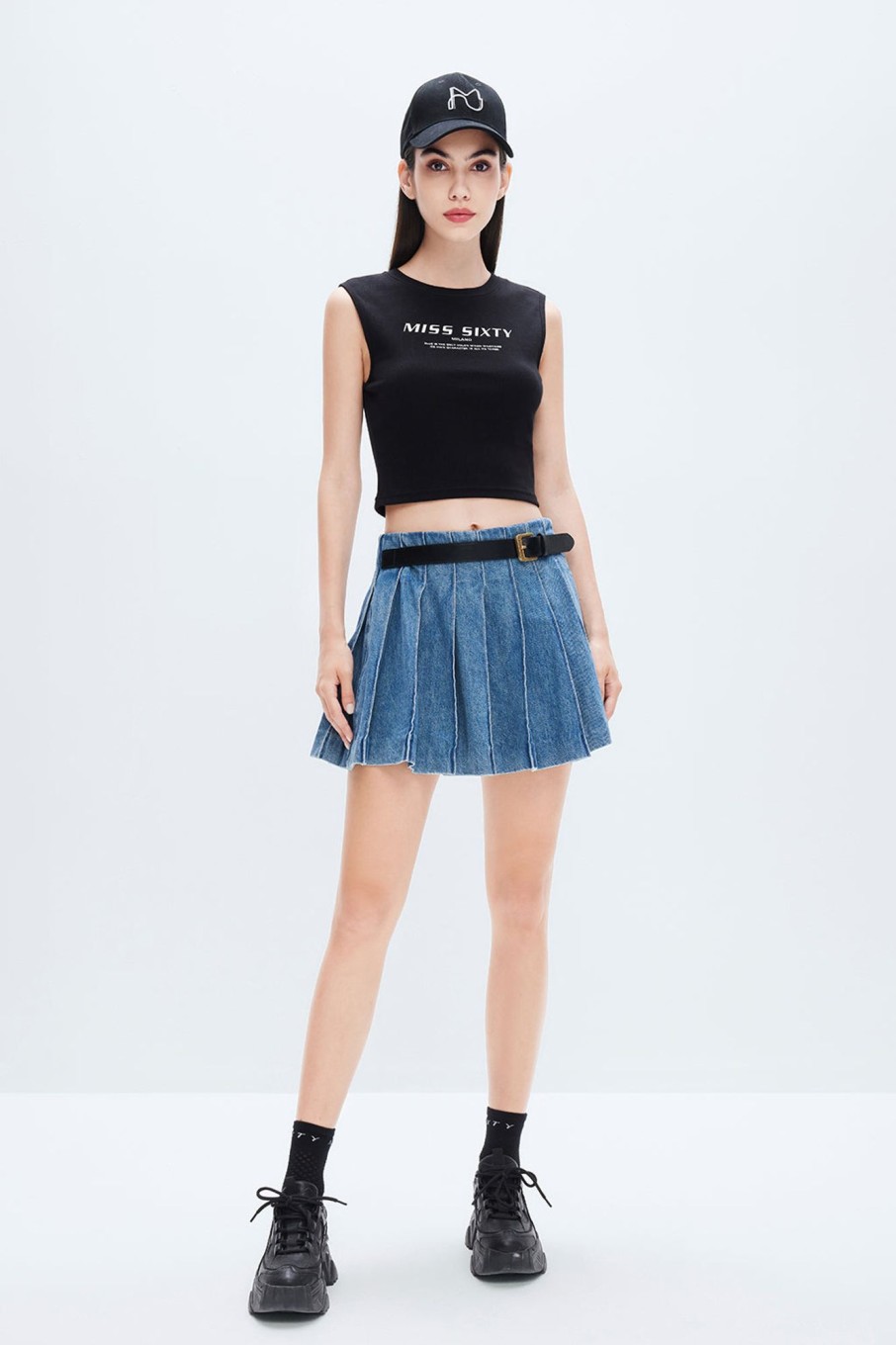 MISS SIXTY Skirts | Blue Colorblock Belt Linen-Cotton Denim Pleated Skirt Middle Blue