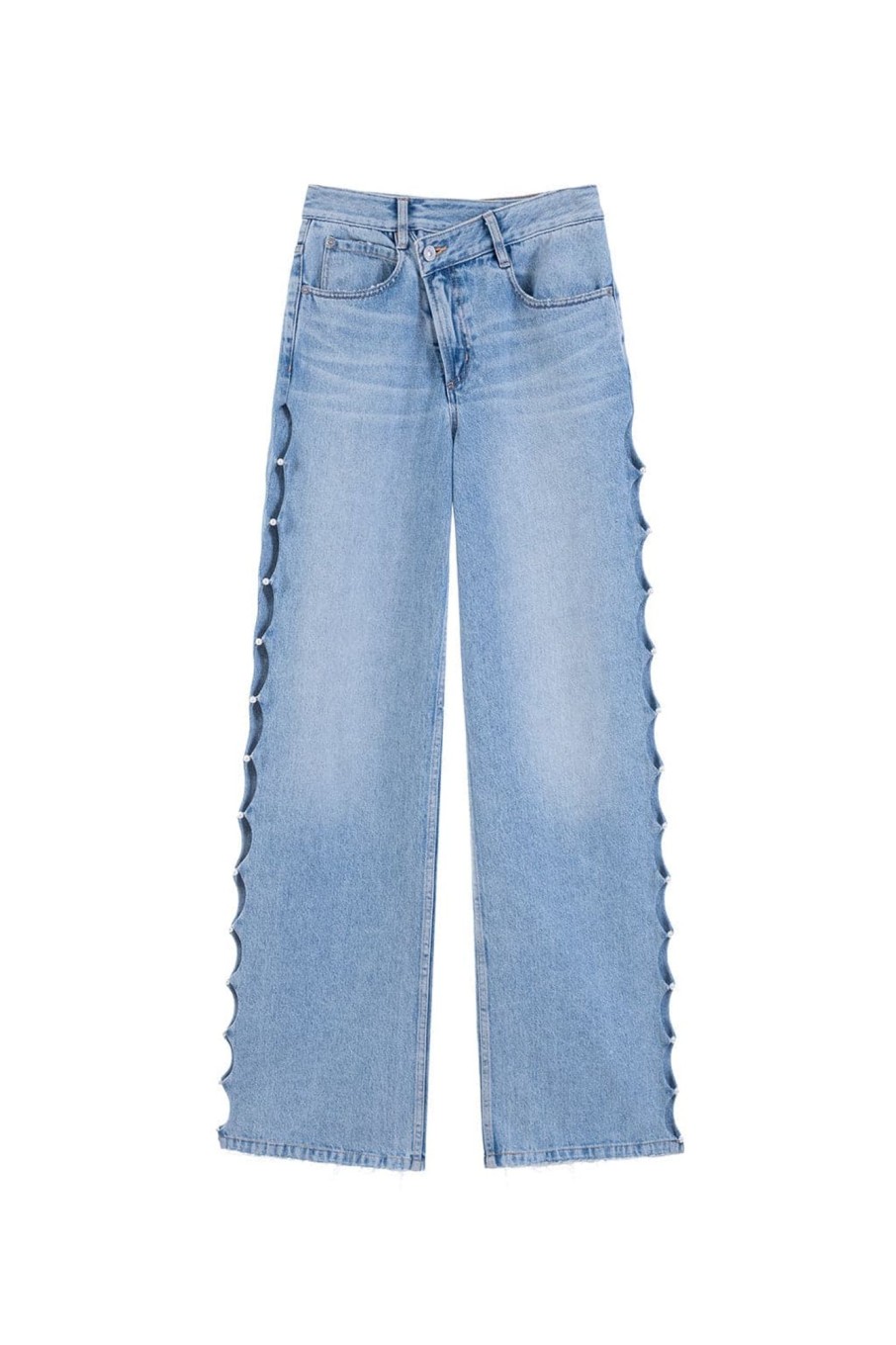 MISS SIXTY Wide Leg | Bella Hadid Style Hollow Out High Waist Wide Leg Jeans With Pearls Light Blue