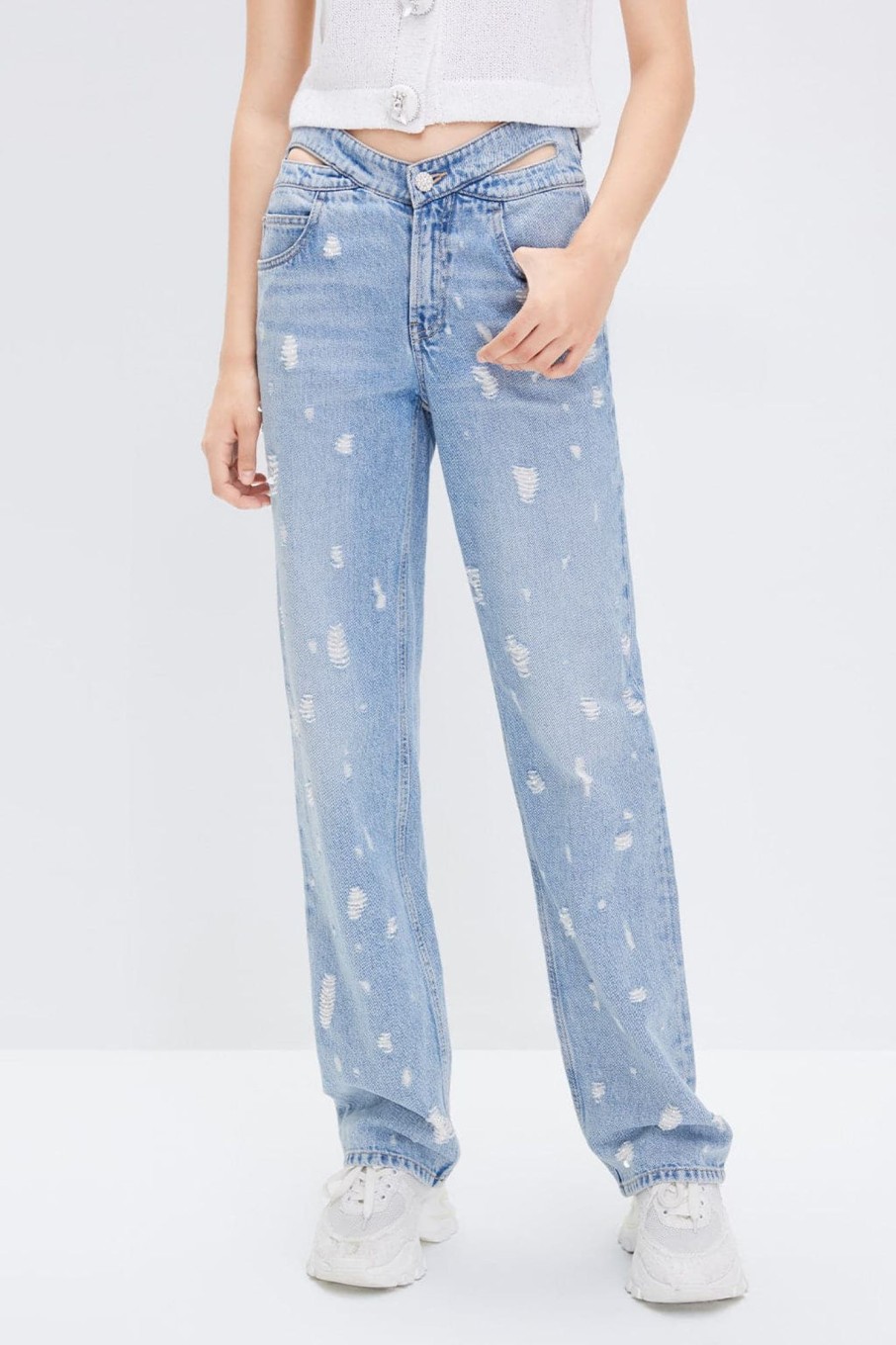 MISS SIXTY Straight | Baggy Ripped Straight Jeans With Butterflies Waistline Light Blue