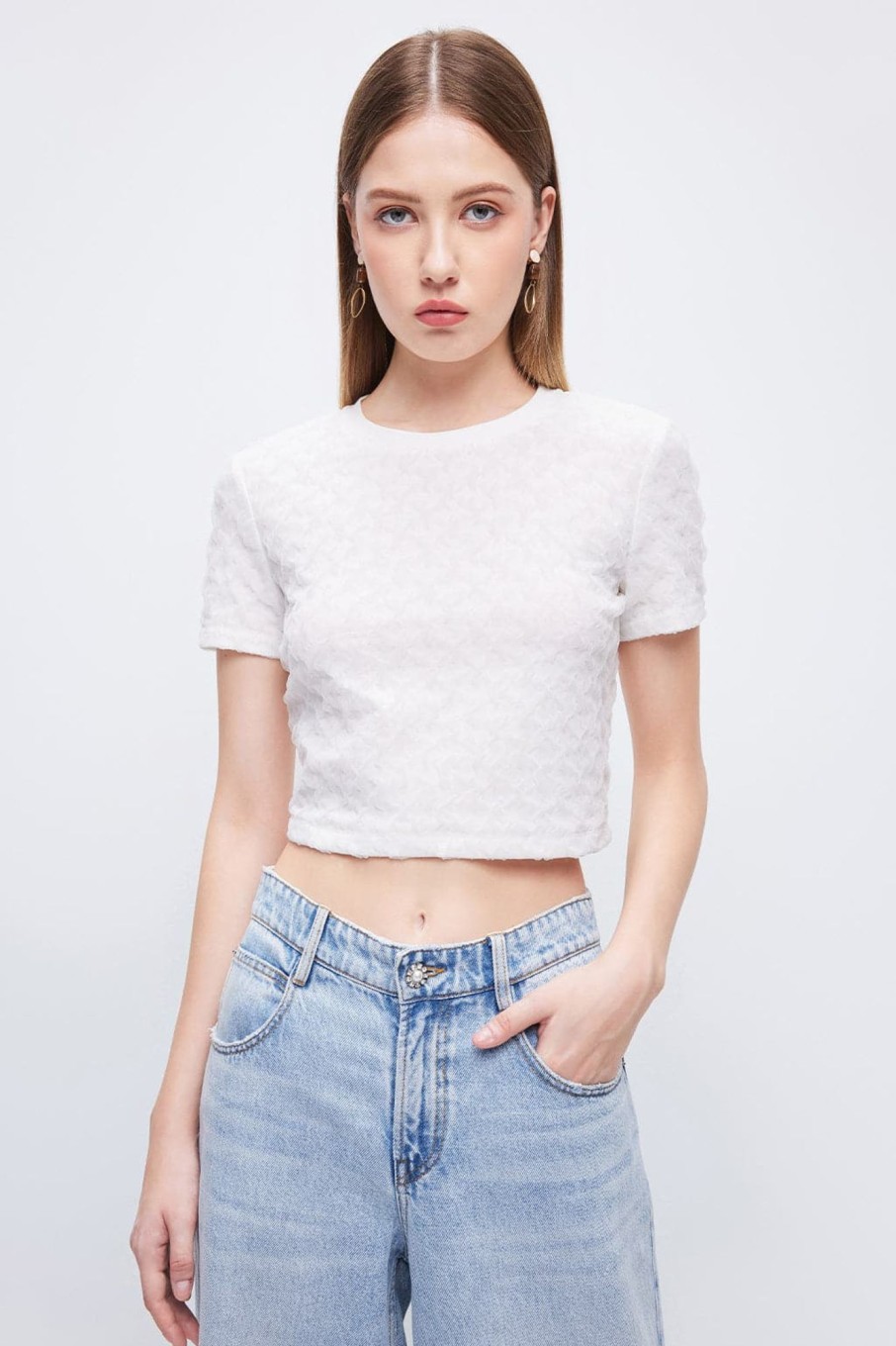 MISS SIXTY Tops | Jacquard Cropped T-Shirt White