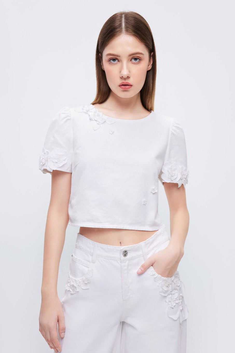 MISS SIXTY Tops | Floral Denim Shirt With Sequined And Beaded Embellishment White