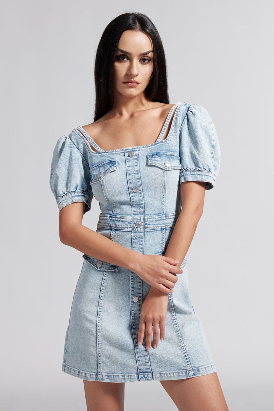 MISS SIXTY Dresses | French Style-Square Neck Denim Dress Light Blue