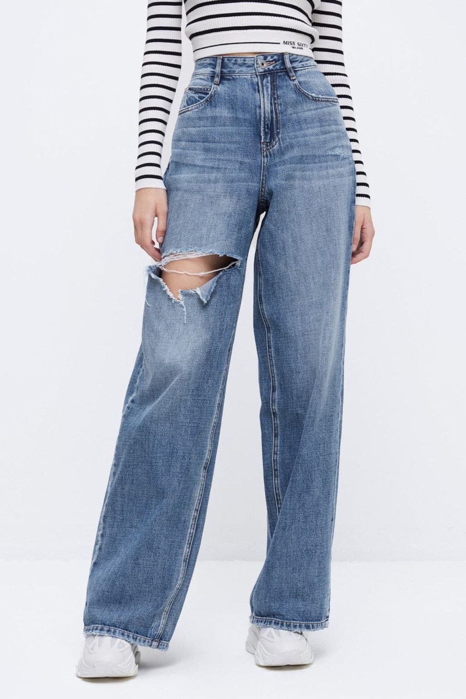 MISS SIXTY Straight | Baggy Light Blue Ripped Wide Leg Jeans Middle Blue