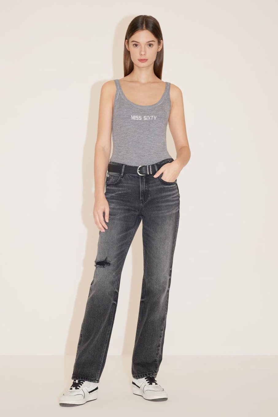 MISS SIXTY Straight | Black And Grey Ripped Straight Fit Jeans Black Fog