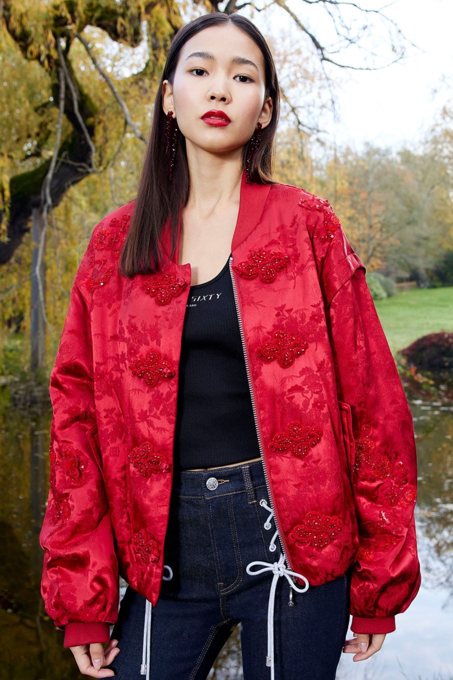 MISS SIXTY Jackets & Outerwears | Forbidden City Culture Development Silk-Blend Jacquard Jacket With Embellishment Bright Red