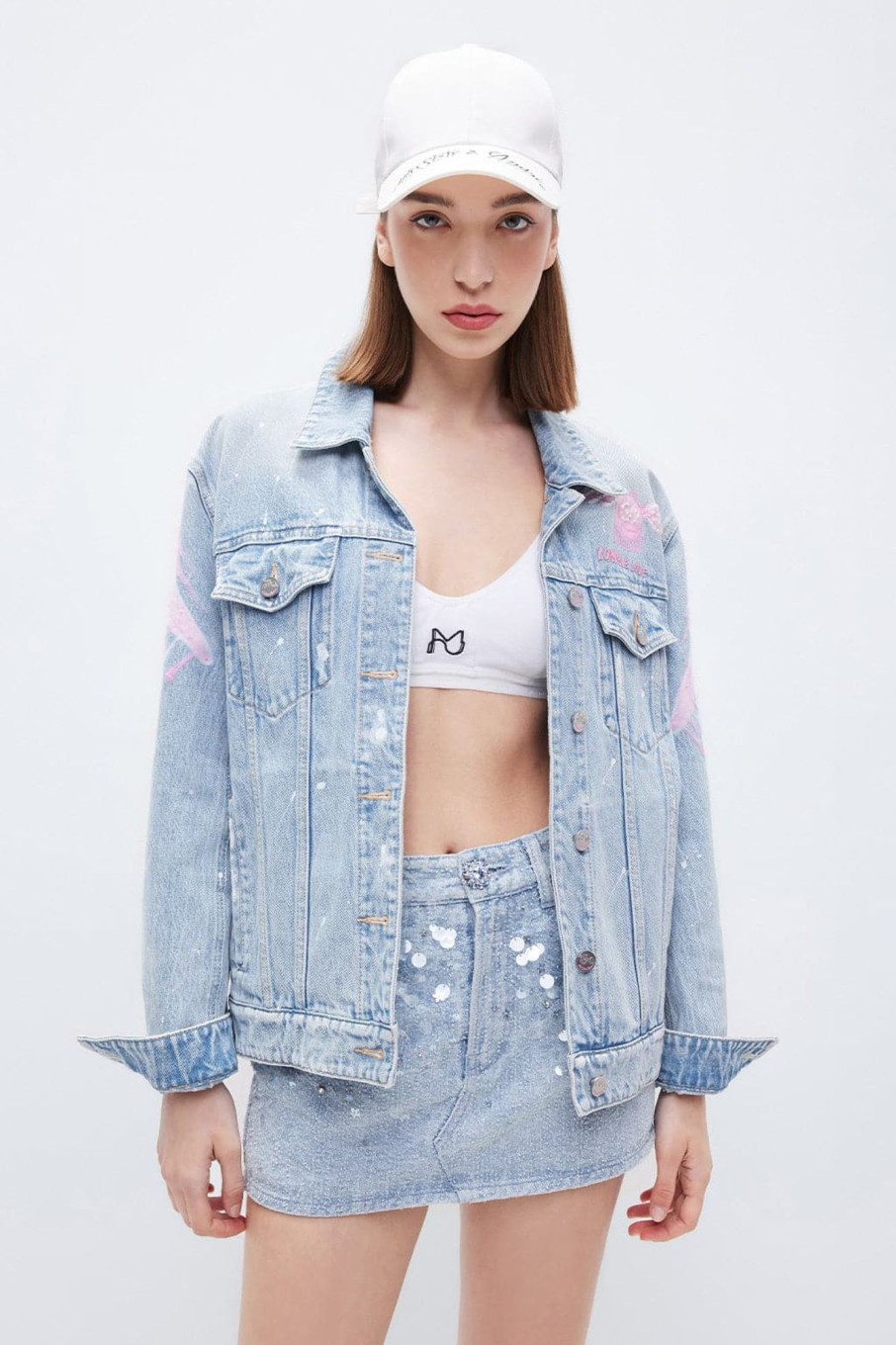 MISS SIXTY Spring-Summer | Miss Sixty X Andre Saraiva Capsule Collection Spray Paint Effect Denim Jacket Light Blue