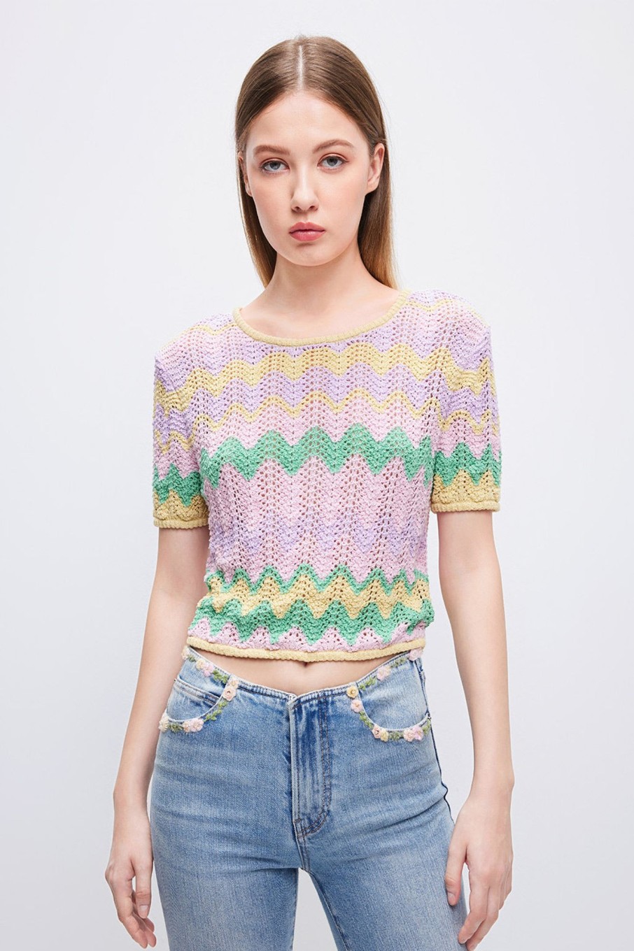 MISS SIXTY Sweaters | Ethnic-Inspired Wavy Pattern Short-Sleeve Knit Top Multicolour