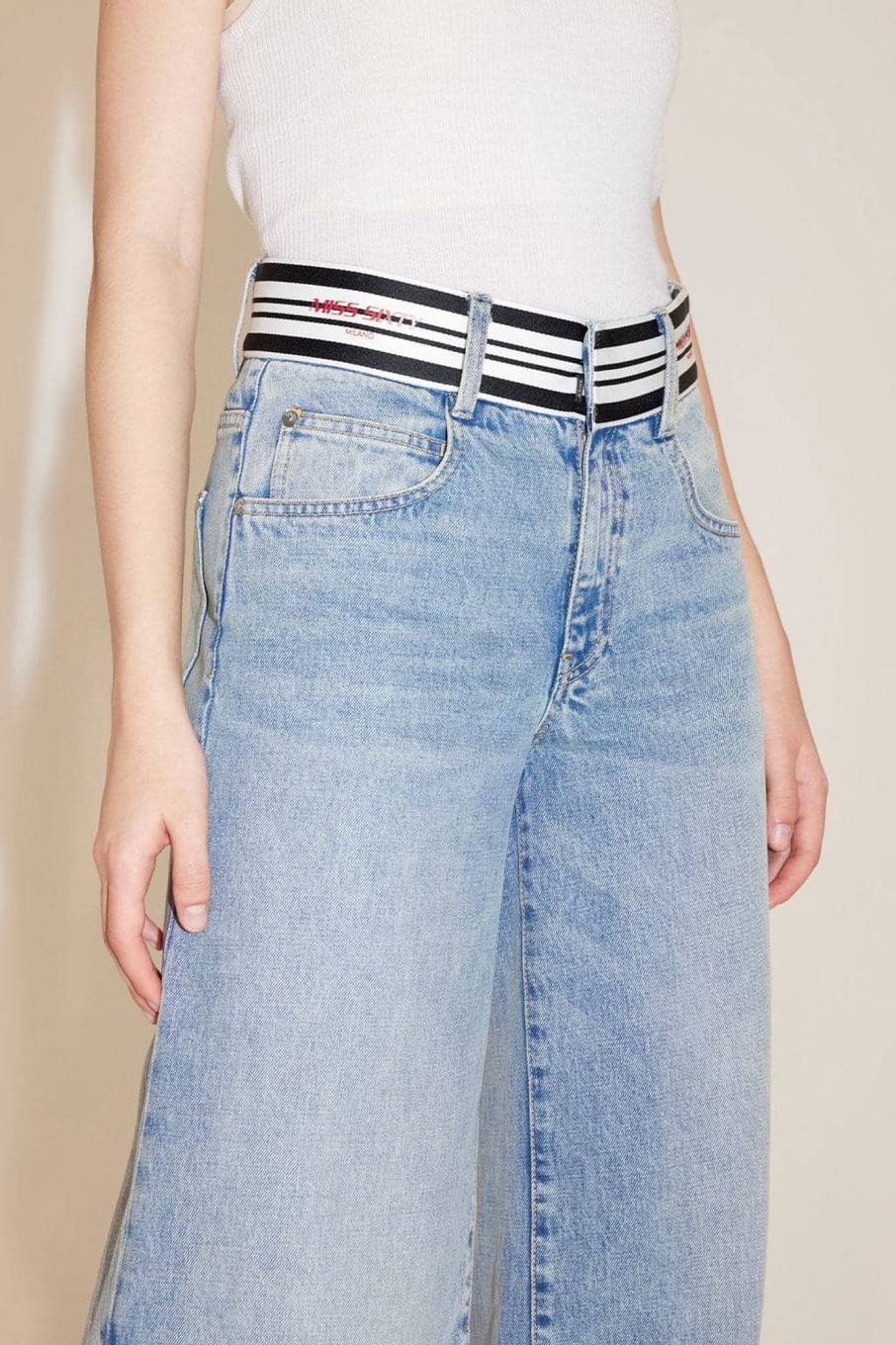 MISS SIXTY Wide Leg | Wide-Leg Flared Jeans With Striped Waistband Middle Blue