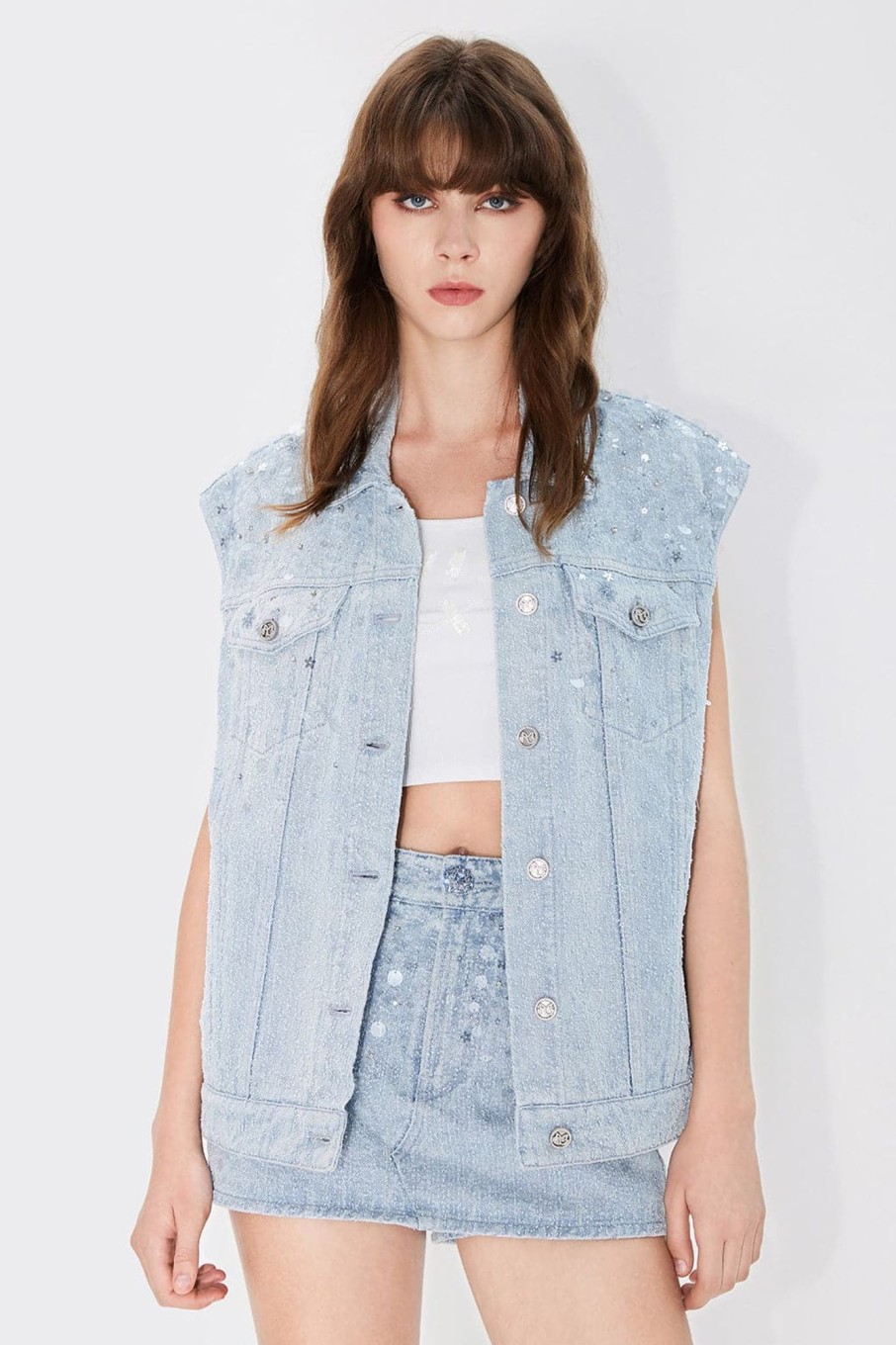 MISS SIXTY Jackets & Outerwears | Denim Jacket With Sequin Beaded Embellishment Light Blue