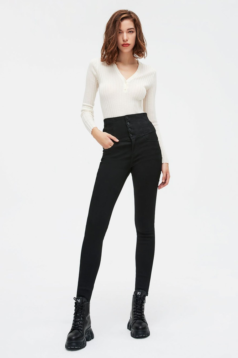 MISS SIXTY High Waist | Four Buttons High-Waisted Fleece-Lined Skinny Jeans Black