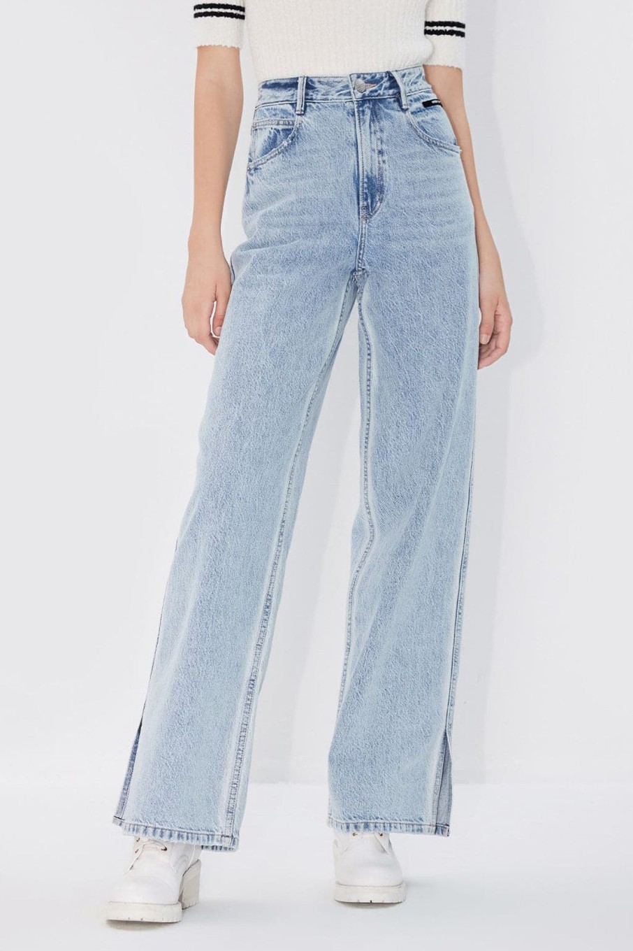 MISS SIXTY Wide Leg | High Waist Wide Leg Slit Linen Blend Jeans Light Blue