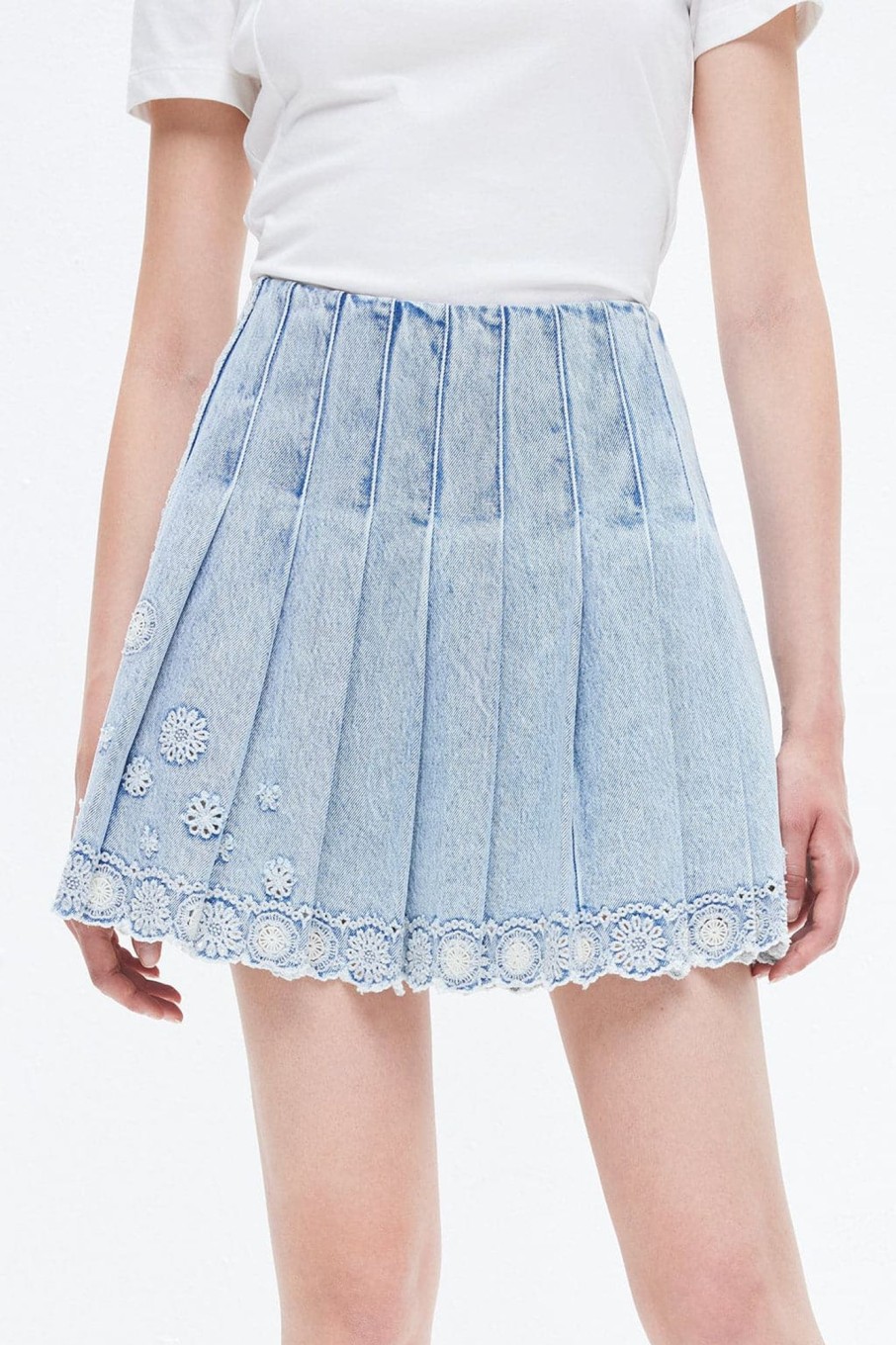 MISS SIXTY Shorts | Denim Pleated Culottes With Flower Edge Light Blue