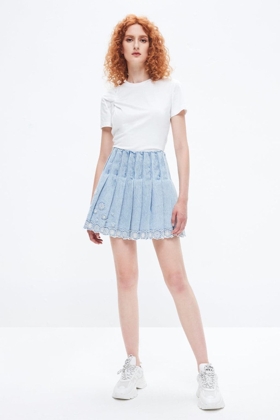 MISS SIXTY Shorts | Denim Pleated Culottes With Flower Edge Light Blue