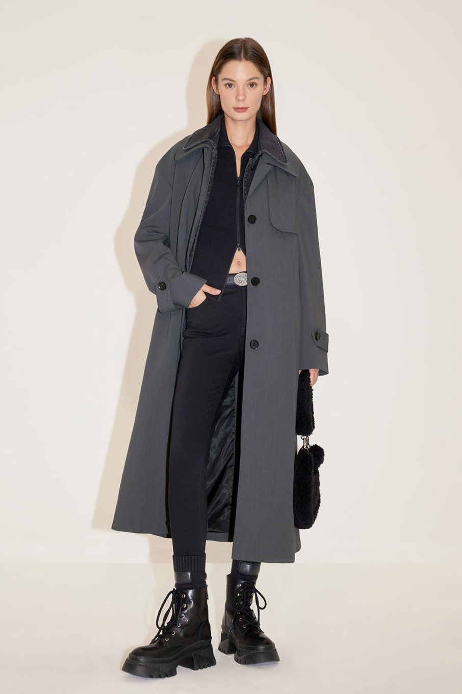 MISS SIXTY Jackets & Outerwears | Patchwork Design Stylish Mid-Length High-End Cape Coat Grey