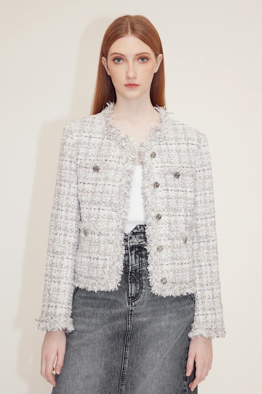 MISS SIXTY Jackets & Outerwears | Elegance Tweed Jacket With Shoulder Pads Heather Grey