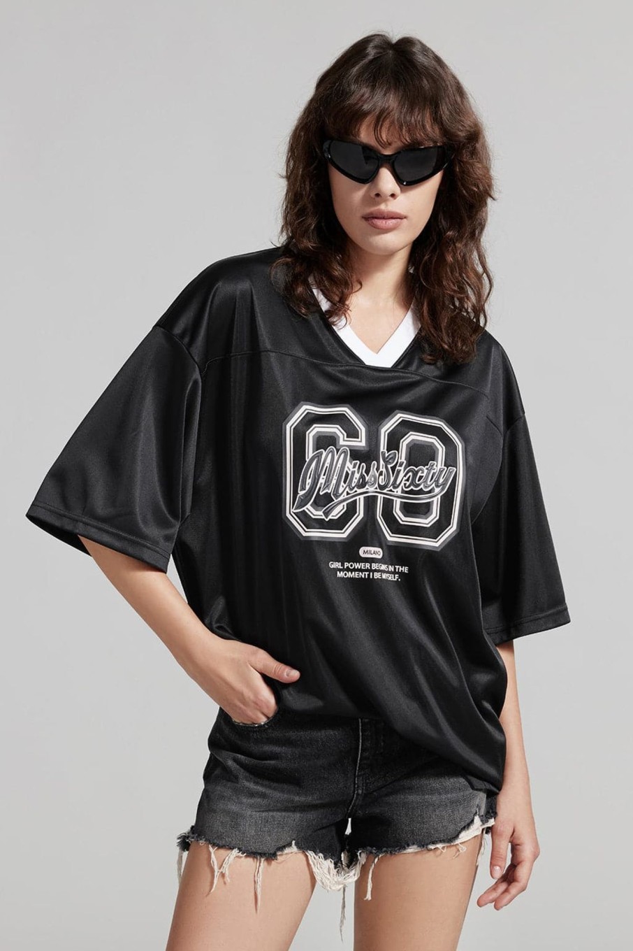 MISS SIXTY Tops | V-Neck Printed Sporty T-Shirt Black