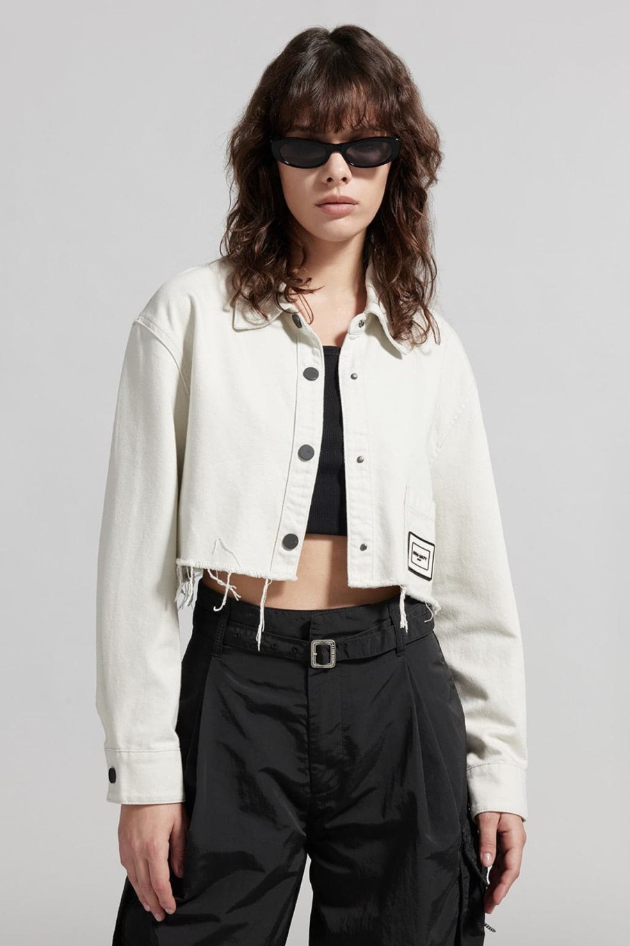 MISS SIXTY Tops | Cropped Lapel White Denim Shirt Grayish-White