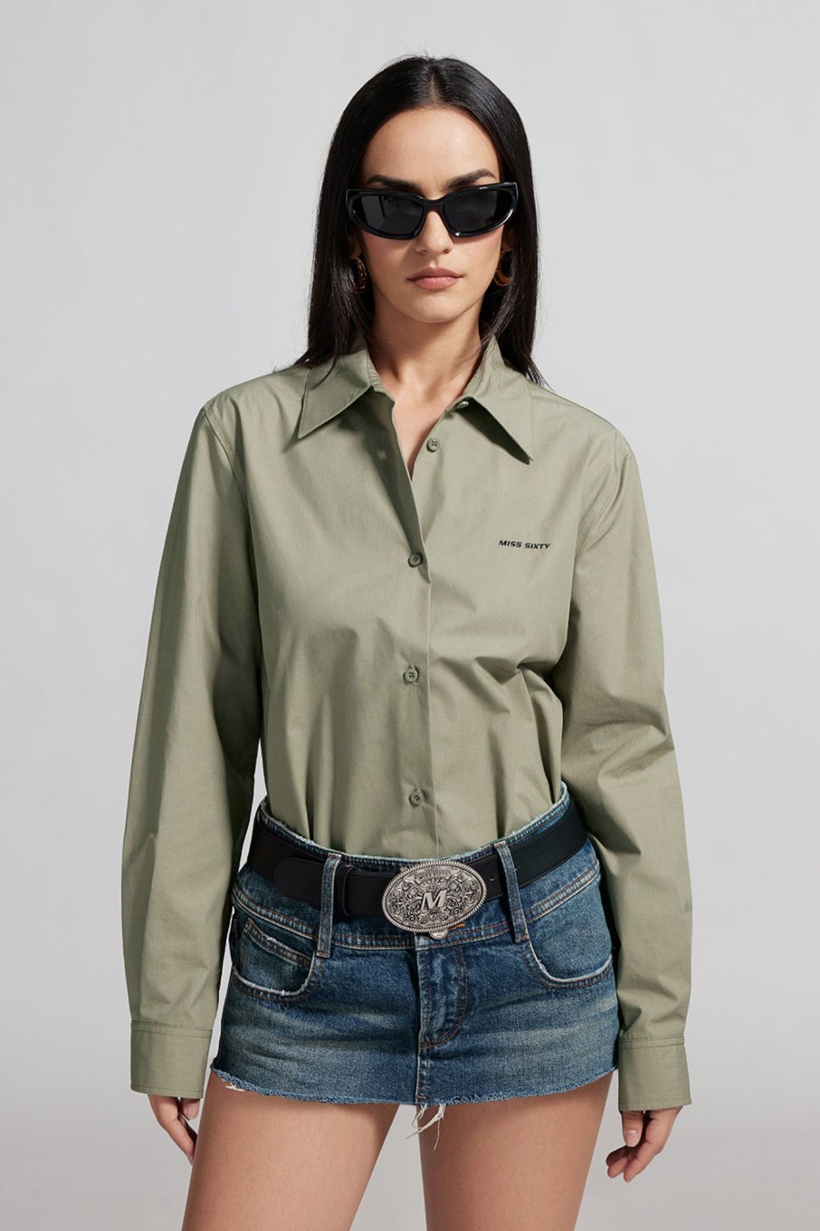 MISS SIXTY Tops | Casual Fit Shirt With Embroidered Green Grey