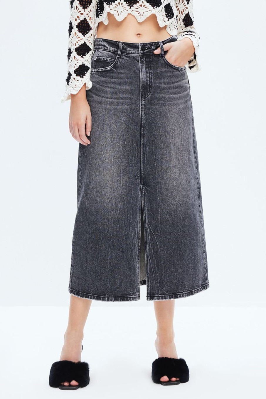 MISS SIXTY Skirts | Vintage Black Gray Front Slit V Denim Skrit Black Fog