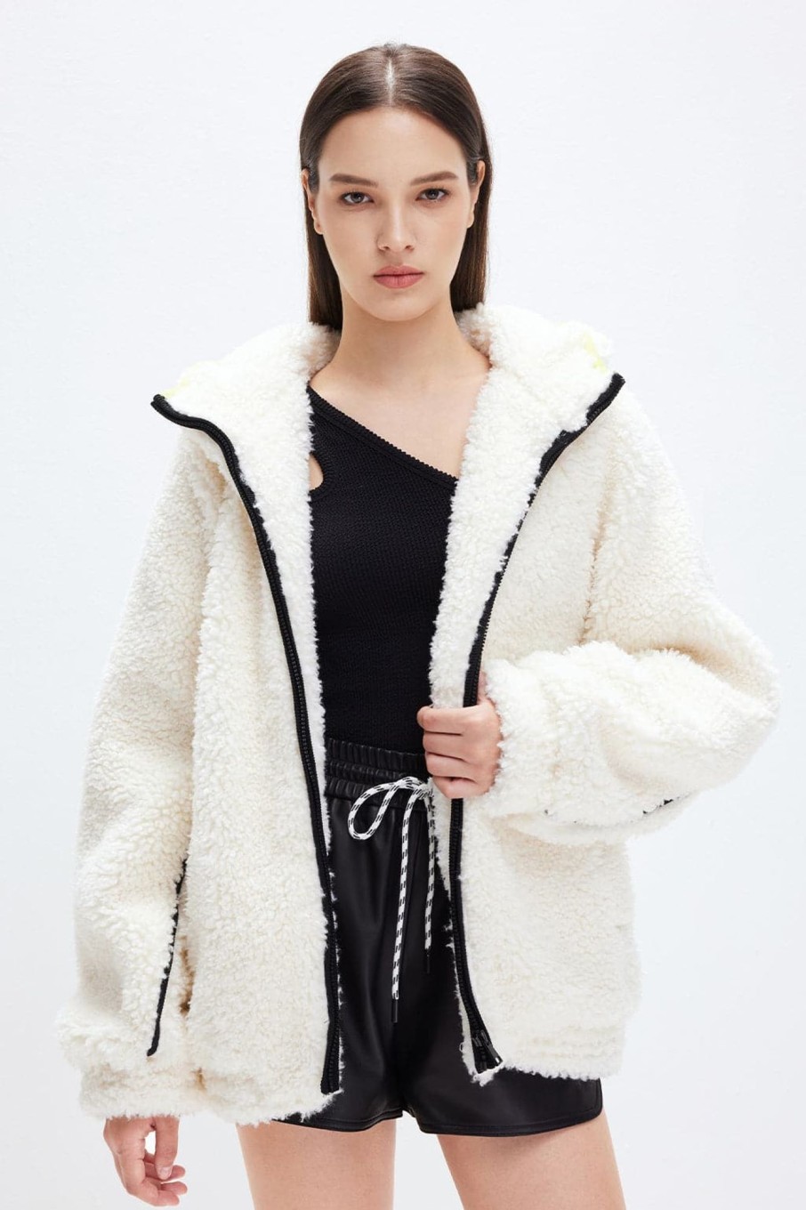 MISS SIXTY Jackets & Outerwears | Sporty Hooded Faux Fur Jacket (Eco-Friendly) Off White