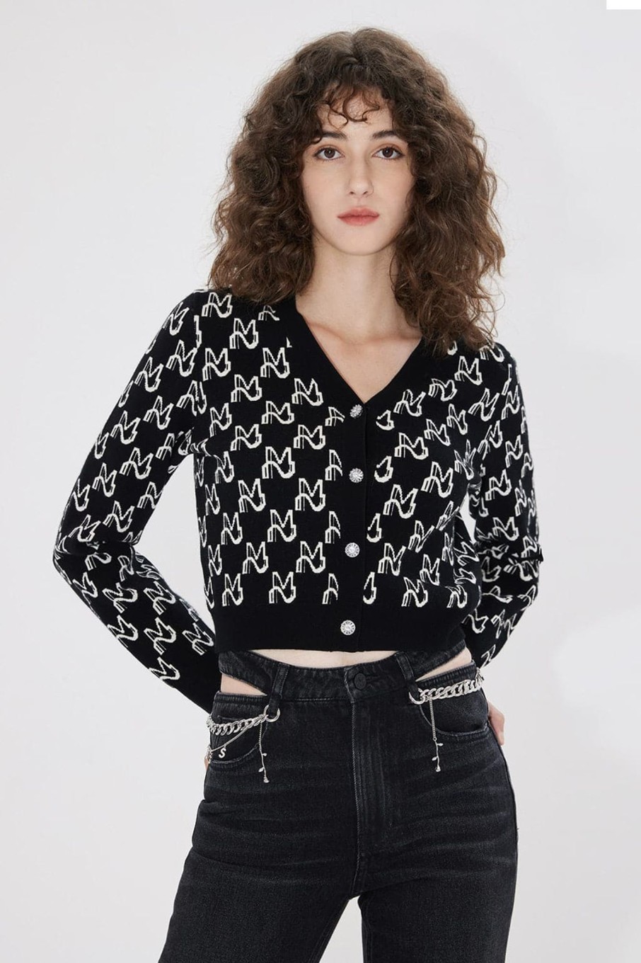 MISS SIXTY Sweaters | Cropped Knit V-Neck Cardigan Black/White